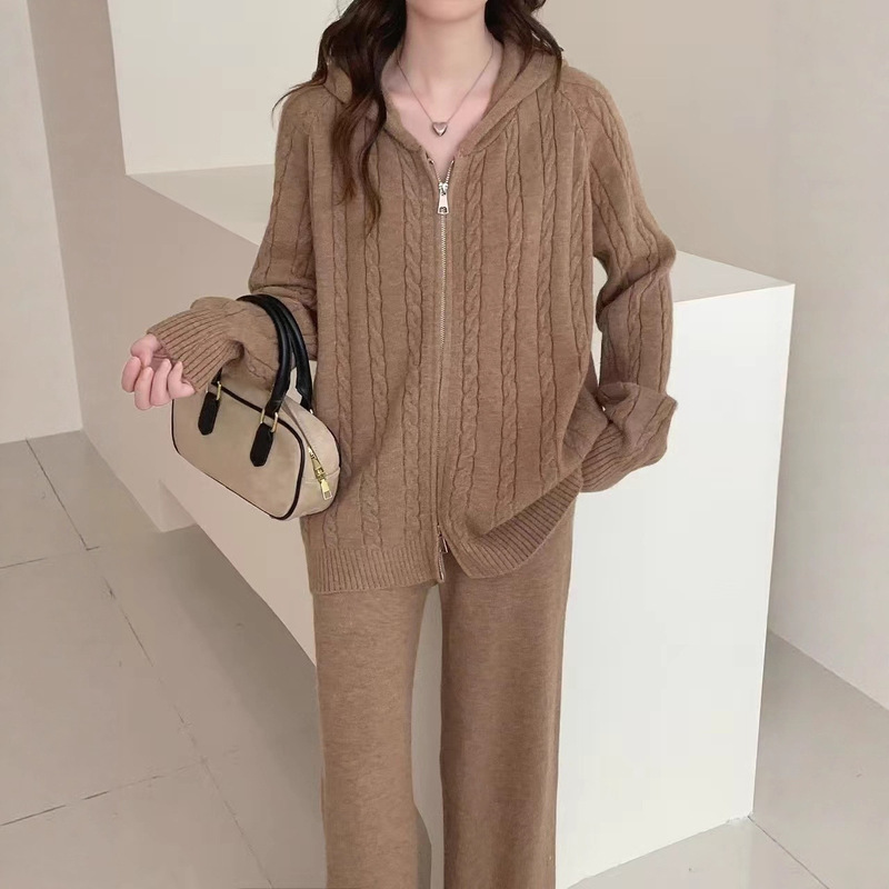 2025 New Style Lazy Style Loose Hooded Knitted Cardigan Top Casual Straight Wide Leg Pants Warm Two-Piece Set for Women 2025 New Style Lazy Style Loose Hooded Knitted Cardigan Top Casual Straight Wide Leg Pants Warm Two-Piece Set for Women