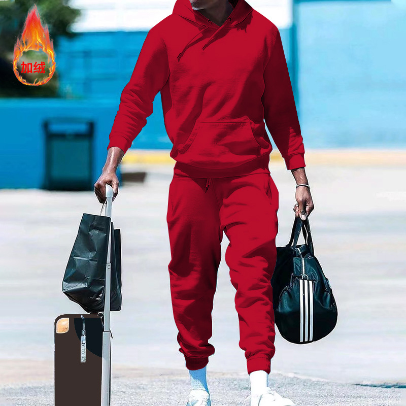 2023 estación independiente transfronteriza con capucha de lana forrada suéter de color sólido traje europeo y americano suelto casual de dos piezas ropa de hombre