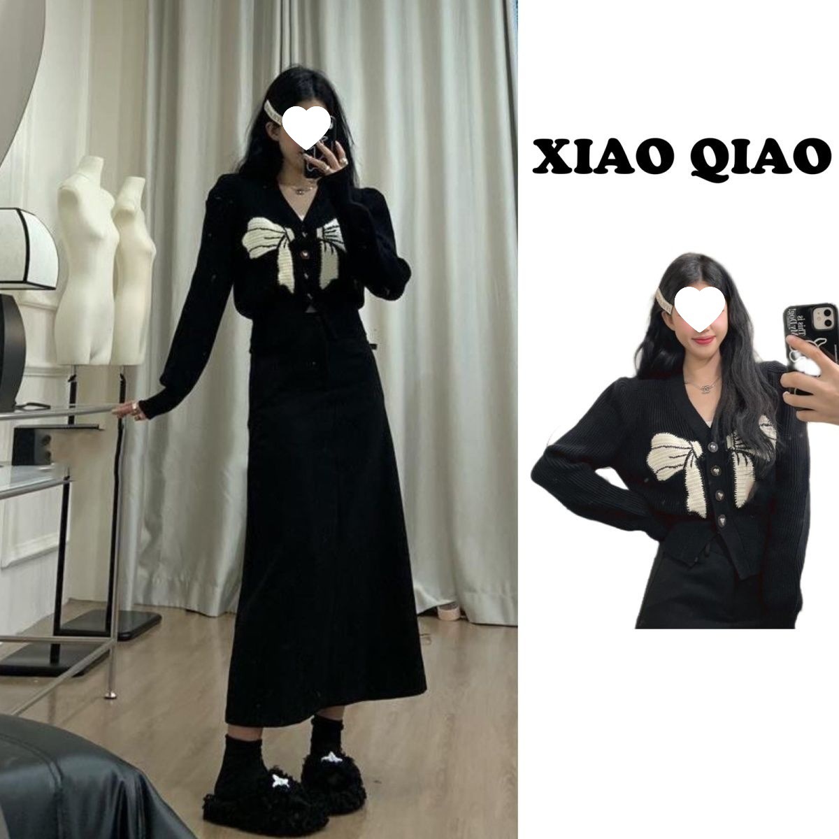 黑色蝴蝶结领毛衣女秋冬装新款针织开衫毛呢半身裙两件套装