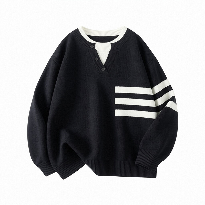 Three-Stripe Sweater for Men, Autumn and Winter, Faux Two-Piece, Thickened, Warm, Long-Sleeve Knitwear, Casual Men's Top, Trendy Jacket