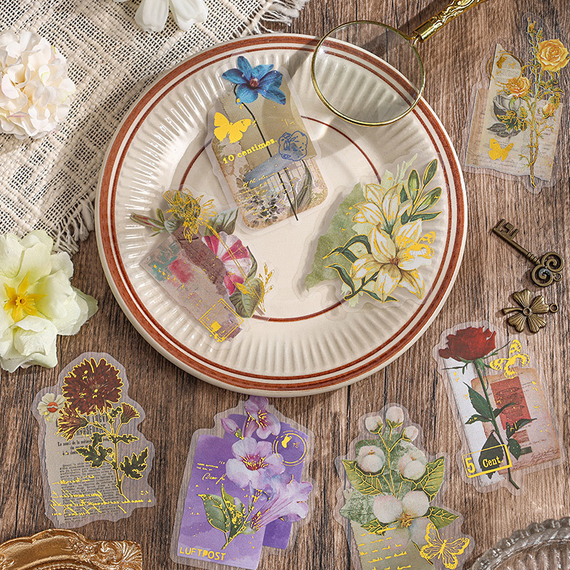 Flor dorada transparente pegatinas impermeables DIY pegatinas de diario pegatinas de flores de plantas estampadas retro transfronterizas