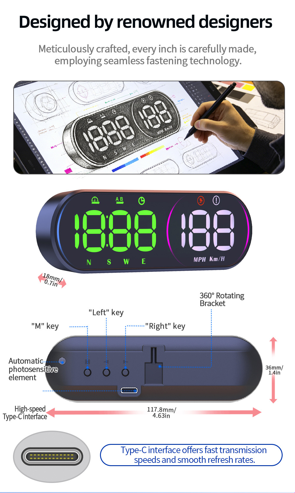 Cross-border popular car HUD head-up display, GPS universal multifunctional speedometer with steering ambient lighting