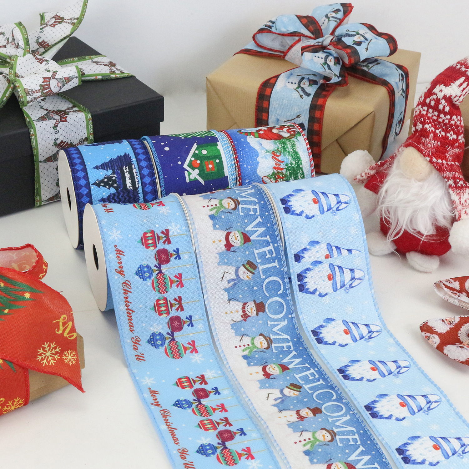 厂家定制丝带 圣诞节DIY材料圣诞节日装饰蝴蝶结织带铁丝边拷克带