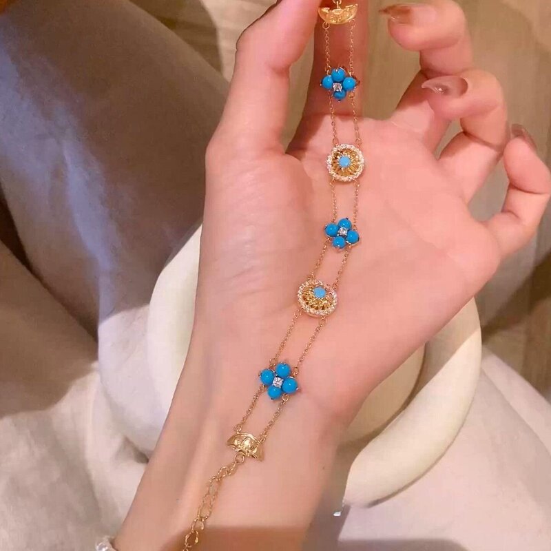 18K Real Gold Electroplated Zircon Resin Flower Bracelet, Light Luxury and High-End Feel, Ethnic Style, Elegant and Versatile Hand Jewelry
