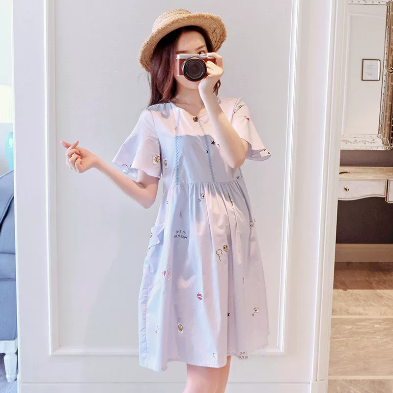 Fashionable summer clothing for pregnant, dress, skirt, western style, for teenagers, loose fit, internet celebrity