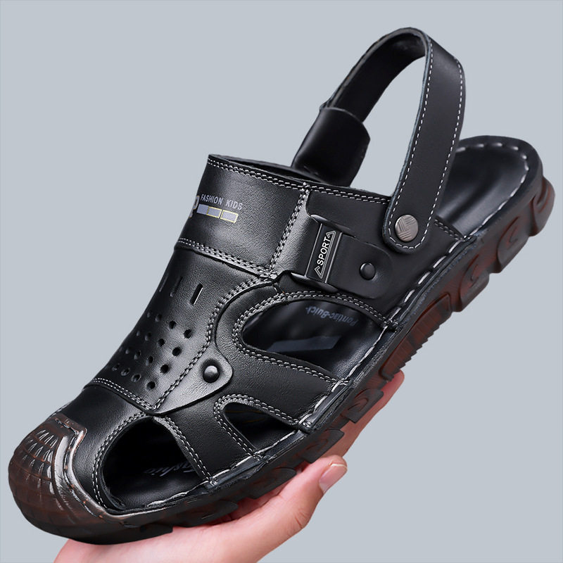Dép sandal bít mũi nam da bò lớp đầu, đế mềm thân mềm, kiểu xỏ chân hai cách đi — G6951 màu nâu vàng, G6951 màu đen