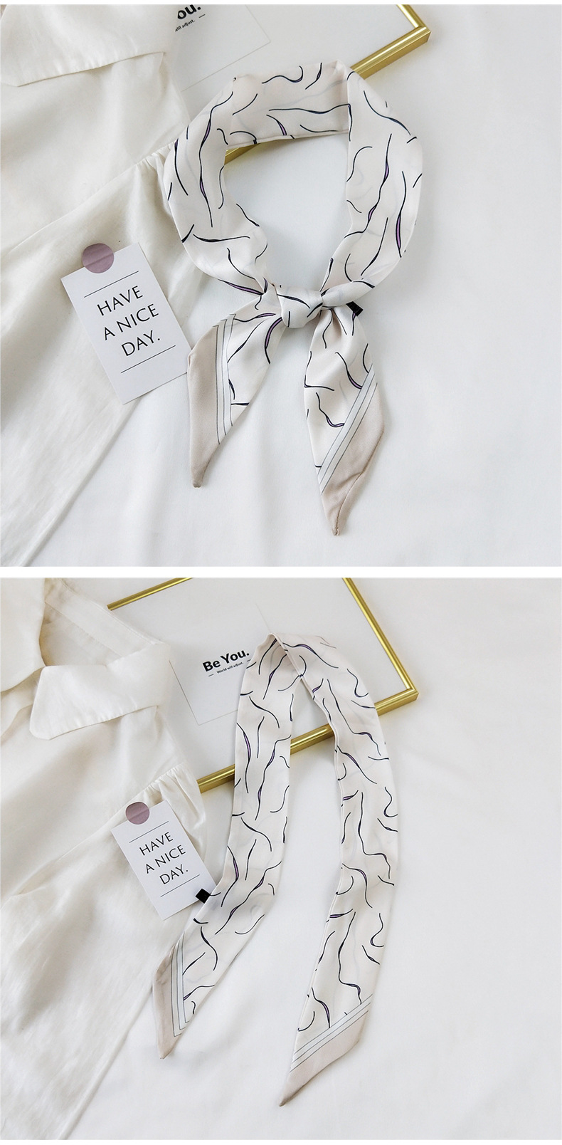 30g Weight Silk Scarf Classification Travel Occasion Unisex Gender Sweet Style Khaki, Grey, Pink, Purple, Red, Green, Blue, Black Color Fashion Streamer Printing Bow Silk Scarf Wholesale 9