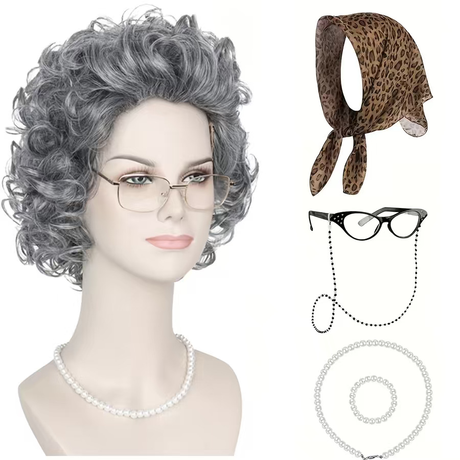 European and American cross-border old lady wig set for Halloween party with headscarf, necklace, bracelet, and glasses decoration