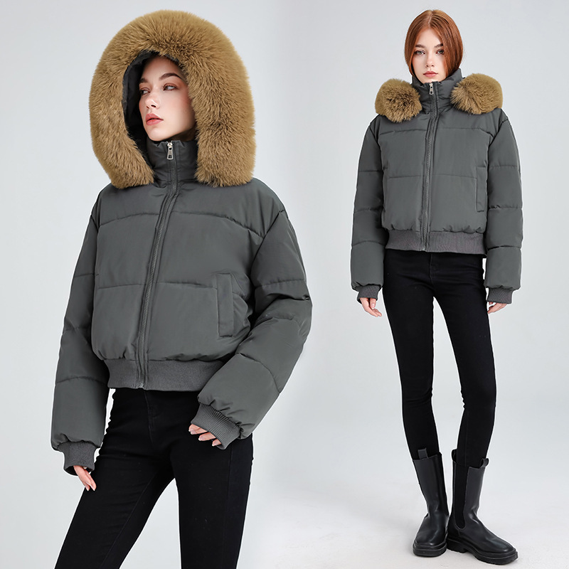 黑色大毛领连帽羽绒棉服女短款2025年冬季韩版收腰棉衣小个子外套|undefined