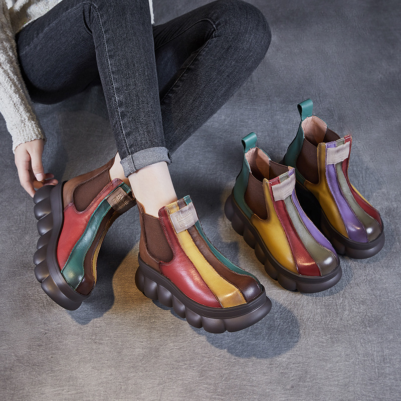 Autumn and Winter Boots Women's Thick Sole Wedge Rainbow Shoes Round Toe First Layer Cowhide Vintage Martin Boots One Pedal Mothers' Trendy Shoes Autumn and Winter Boots Women's Thick Sole Wedge Rainbow Shoes Round Toe First Layer Cowhide Vintage Martin Boots One Pedal Mothers' Trendy Shoes