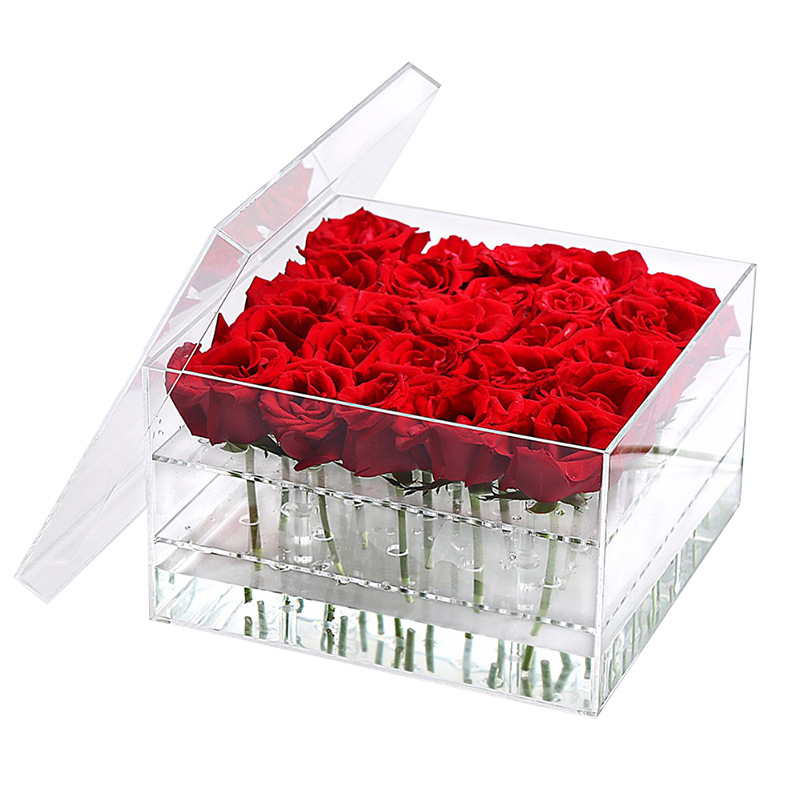 出口欧美20支鲜花礼盒防尘情人节玫瑰花方盒带隔层亚克力永生花盒