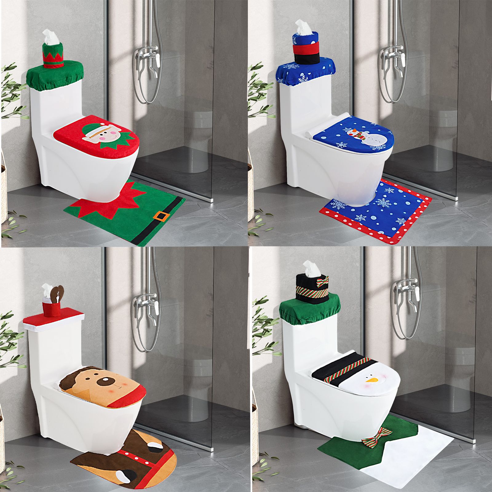 Amazon Venta caliente Navidad cubierta de inodoro caja de pañuelos cubierta de inodoro alfombra de piso de tres piezas decoración de baño lote
