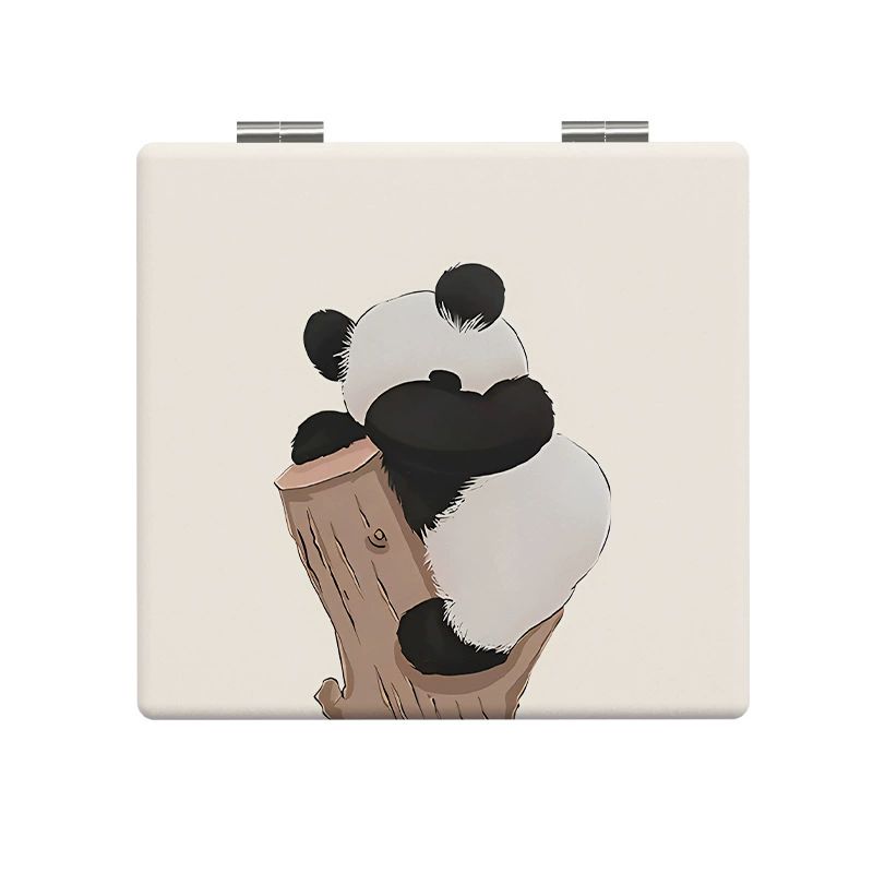 Folding Handheld Mirror, PU Leather Compact, Cute Bear & Panda Prints, Portable 0.075 kg