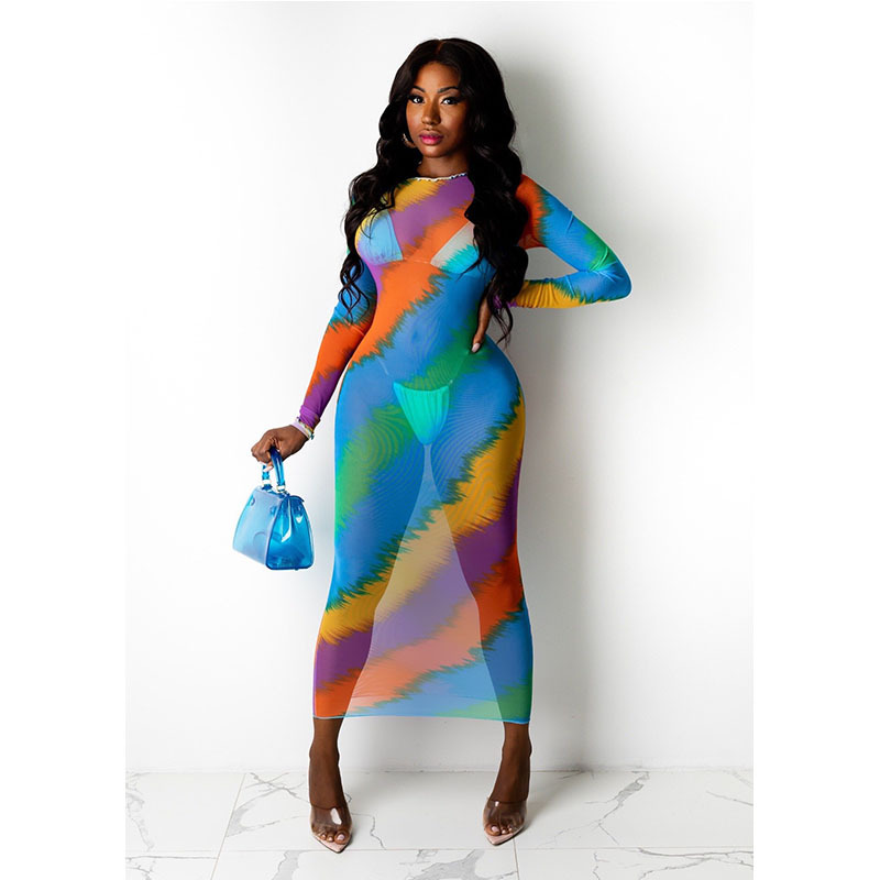 Perspective Colorful Striped Printed Dress NSMYF100005