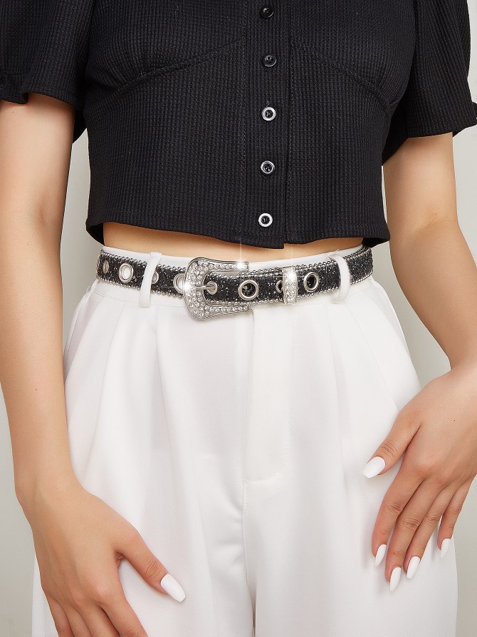 2024 New Fashion Versatile Water Diamond Willow Nail Silver Needle Button Thin Belt Women's Jeans Belt Dress Decoration Narrow Accessories_viptrois.com