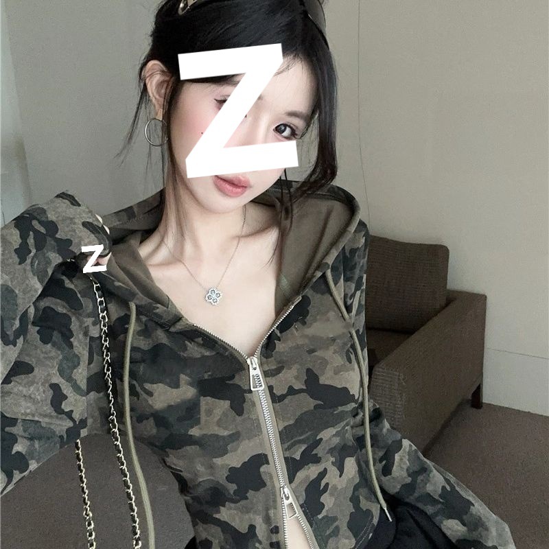 纯欲辣妹迷彩连帽短款外套T恤女V领拉链收腰紧身长袖开衫露脐上衣