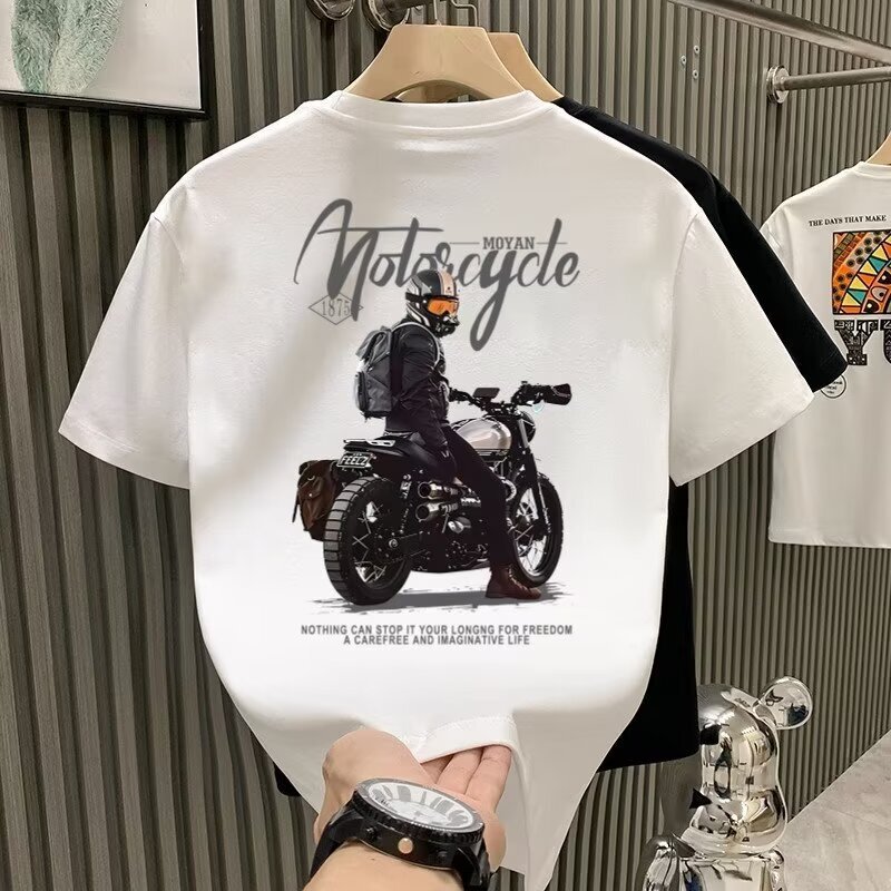 250g heavy cotton short sleeve T-shirt men's summer tide brand street motorcycle printed crew neck student cotton jacket