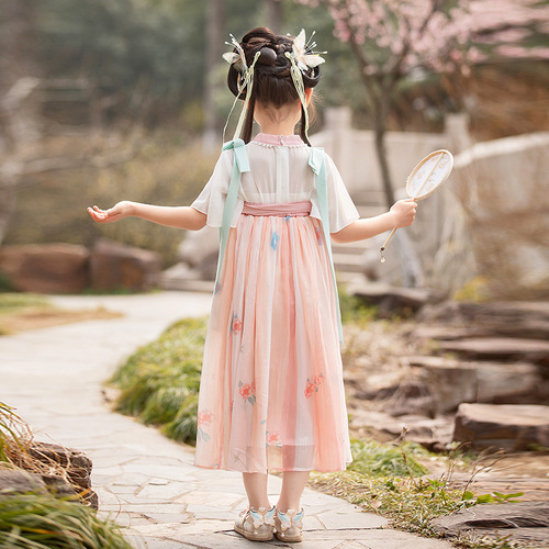 Jade Rabbit Summer New Short Sleeve Hanfu Dress Children's Chinese Style Skirt Internet Celebrity Baby Fairy Embroidery