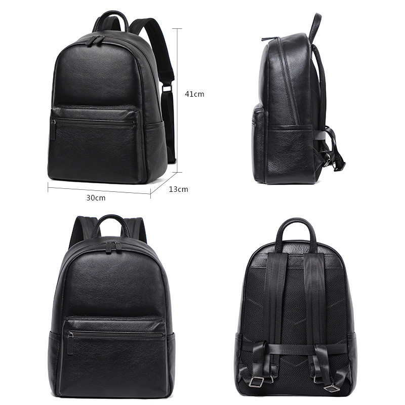 Ba lô nam da bò thật cỡ lớn 30×13×41 cm, ba lô du lịch công tác chống trộm ngăn laptop 14 inch — Màu đen