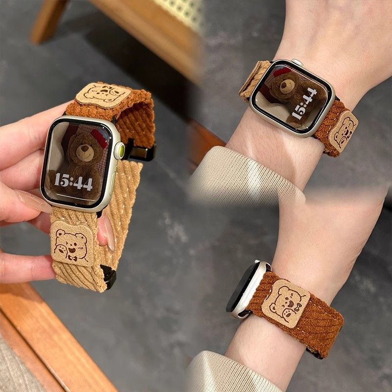 适用Apple苹果iWatchSE10Ultra98765432手表带秋冬卡通小熊毛绒女