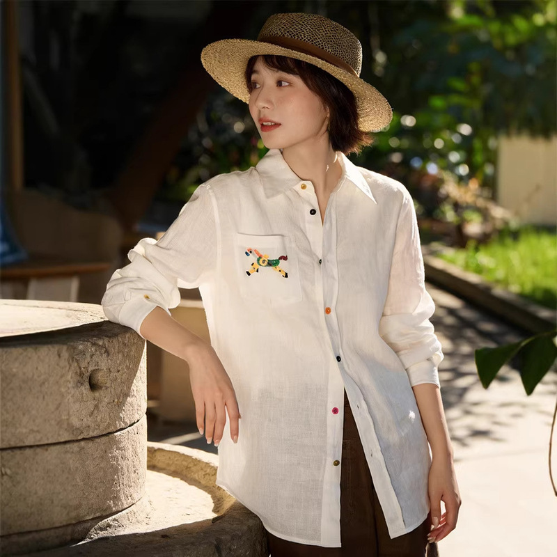 Wonderful Things Old Money Style Shirt_Rainbow Single-Breasted Shirt with Pony Pocket Embroidery Women's Top 26 Spring Model