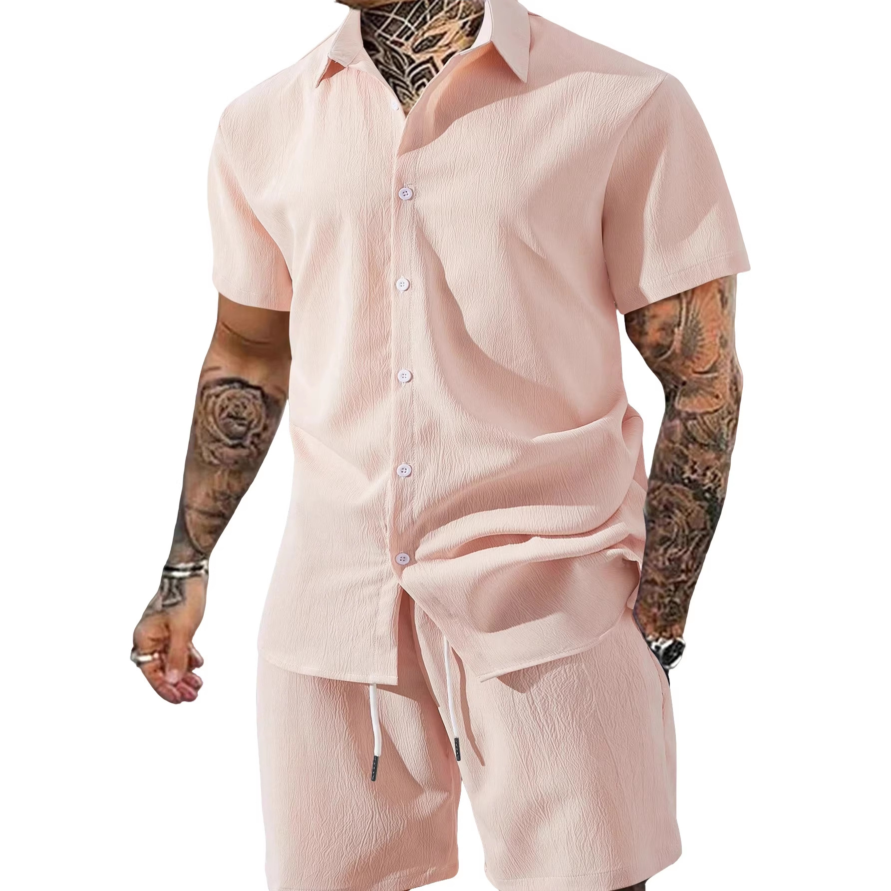 Nuevo transfronterizo Europa y América Amazon verano hombre nuevo color sólido camisa de botón de solapa de manga corta pantalones cortos set hombre