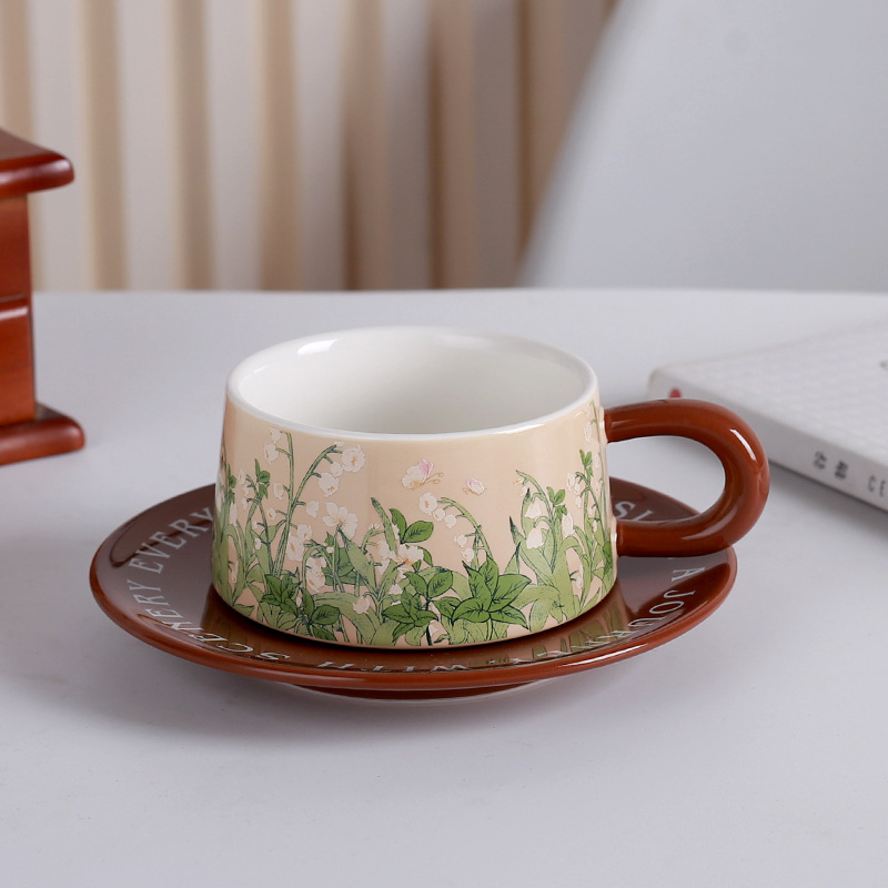 Taza y platillo de cerámica americana retro pintura al óleo de estilo antiguo verde lirio de los valles taza de café platillo Taza de té de la tarde estilo Hepburn