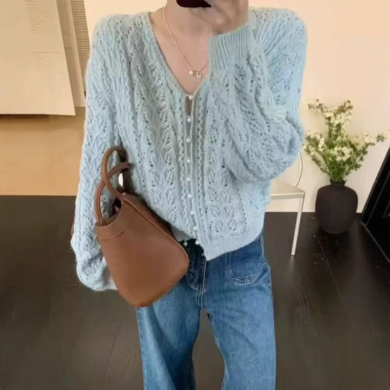 镂空钩花V领防晒长袖针织衫女春季新款温柔风 毛衣外套空调衫上衣|undefined