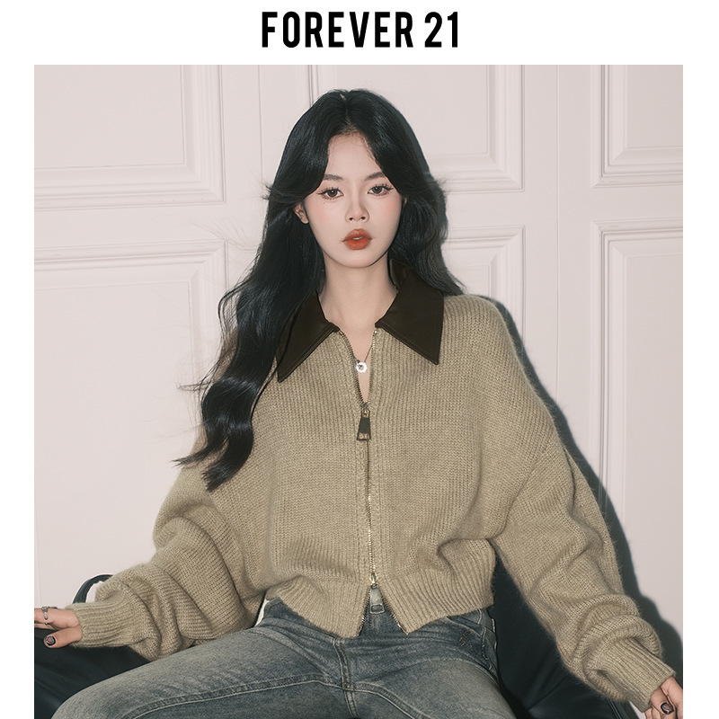 Forever21慵懒卡其色翻领针织开衫上衣女ins宽松软糯休闲毛衣外套|undefined