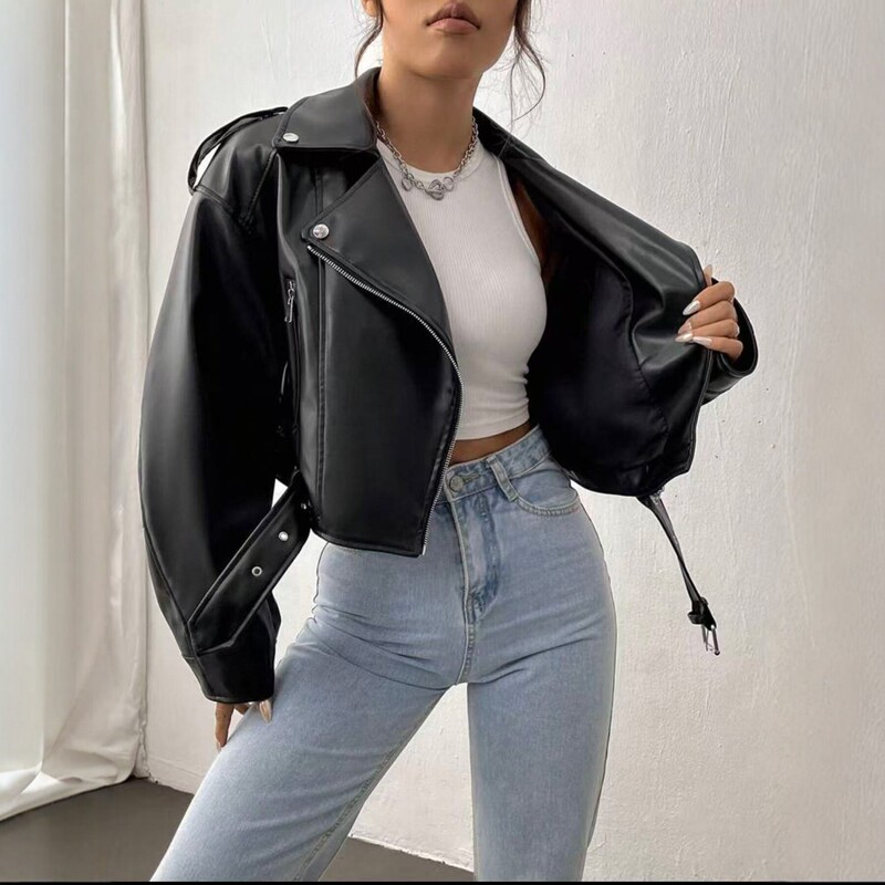 Cross-Border European and American Style New Short Pu Leather Jacket for Women, Slim Fit, Fashionable and Versatile Spring and Autumn Outerwear Cross-Border European and American Style New Short Pu Leather Jacket for Women, Slim Fit, Fashionable and Versatile Spring and Autumn Outerwear
