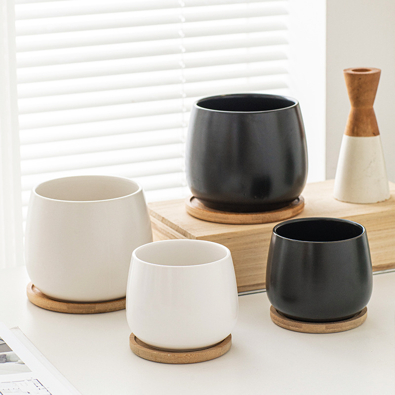 Maceta pequeña de cerámica simple en blanco y negro con bandeja, taza grande con forma de barriga, maceta pequeña para escritorio de oficina, maceta especial para suculentas.