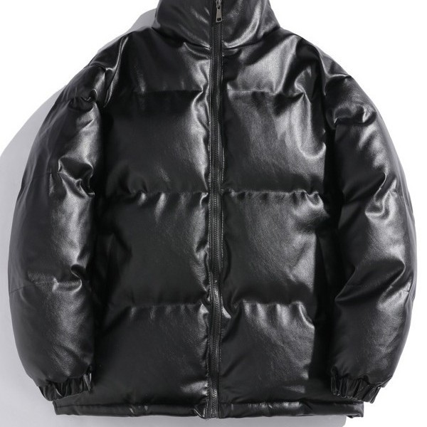 Shiny leather cotton jacket, unisex style, PU leather cotton coat, winter stand-up collar, men's fashionable and trendy, high-end, warm, and windproof