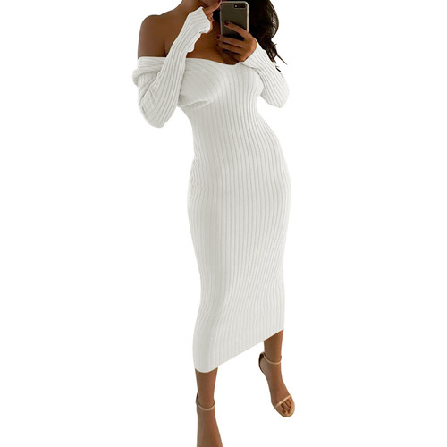 Wish Best-Selling Women's Western Nightclub Sexy Off-the-Shoulder Long Dress, V-Neck Long-Sleeve Dress for Women