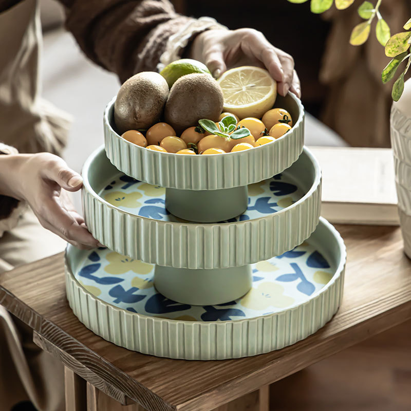 Plato de frutas de cerámica para el hogar, bandeja de año nuevo, plato alto, plato de almacenamiento de bocadillos de frutas retro de alto valor, decoración de té de sala de estar