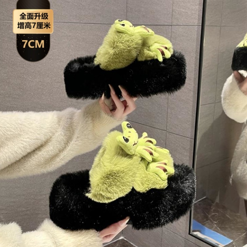 女性用7CM厚底身長増加ファーフロップスリッパ、2025秋冬新作漫画カエルホームコットンスリッパ|undefined
