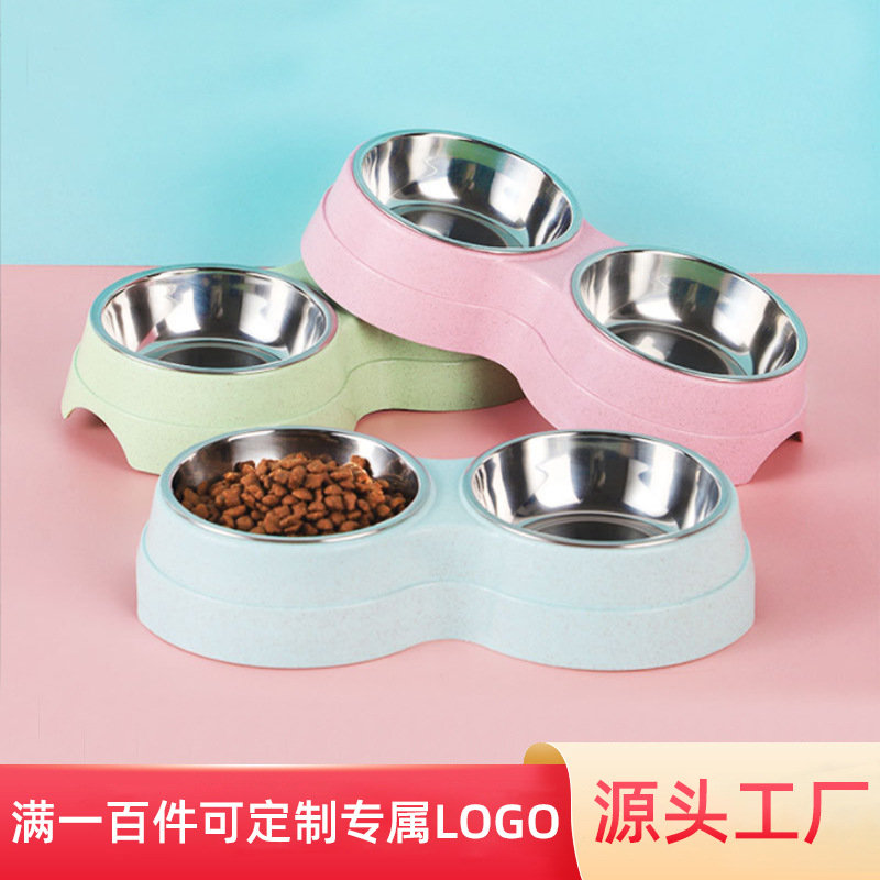 Fábrica personalizada de paja de trigo redonda dos en uno para mascotas doble tazón de acero inoxidable para mascotas bolos personalizados
