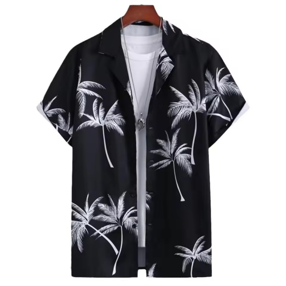 Camisa hawaiana de solapa de un solo pecho de manga corta suelta para hombre, estampado geométrico simple en color de contraste 3D