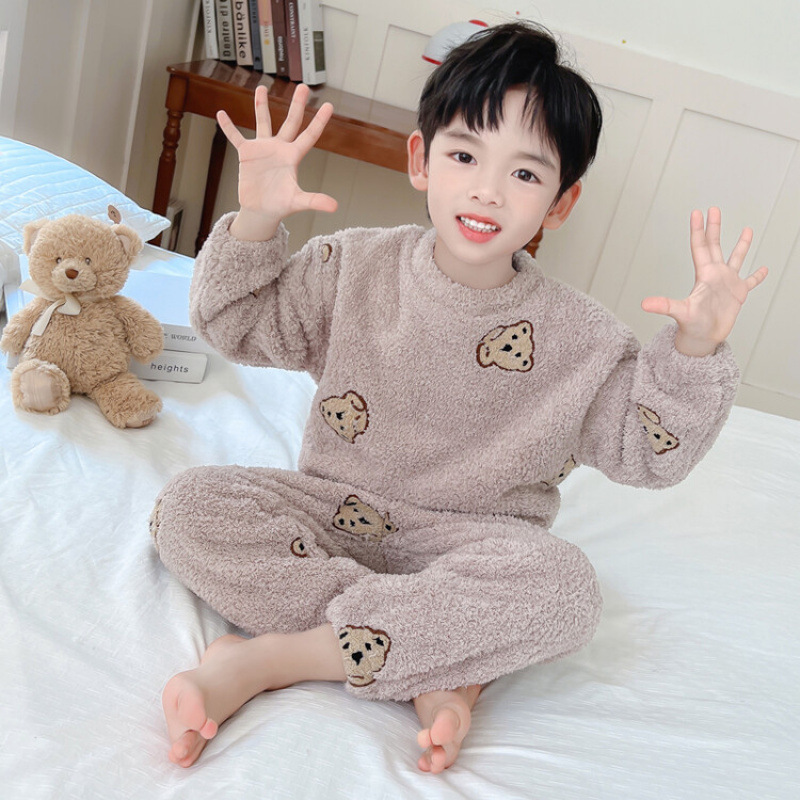 곰 어린이 가을과 겨울 기모 두꺼운 가정 옷은 따뜻한 세트 부드러운 잠옷을 입는다.
