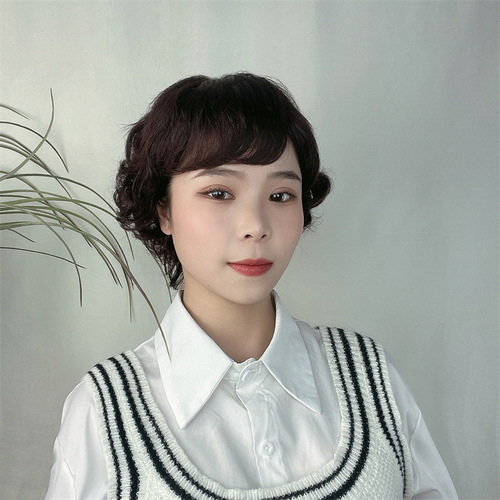 Wig for women with short hair, middle-aged and elderly breathable headgear, simulated head oblique bangs, fashionable lady mother's short curly hair
