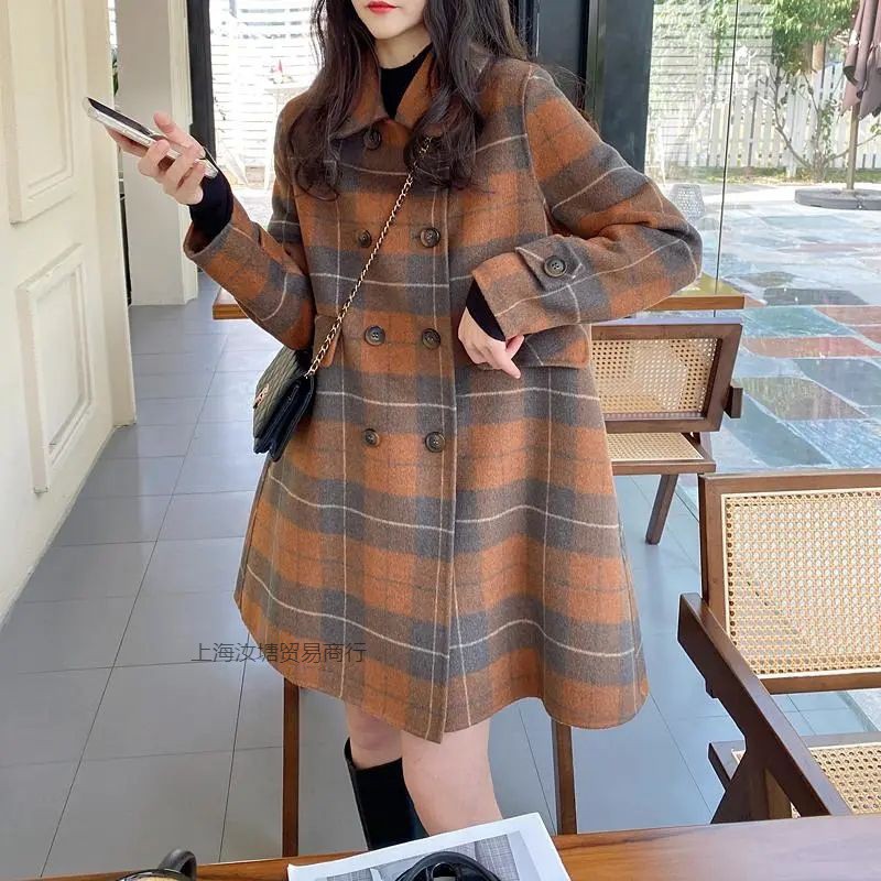 秋冬格子毛呢大衣女2025秋冬时尚新款韩系小个子娃娃领中长款毛呢