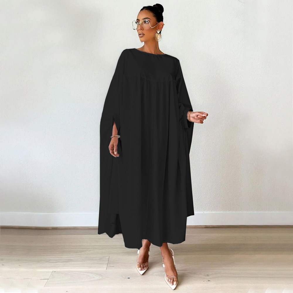 Women Clothing Autumn Winter Solid Color round Neck Loose Pleated Irregular Asymmetric Dress