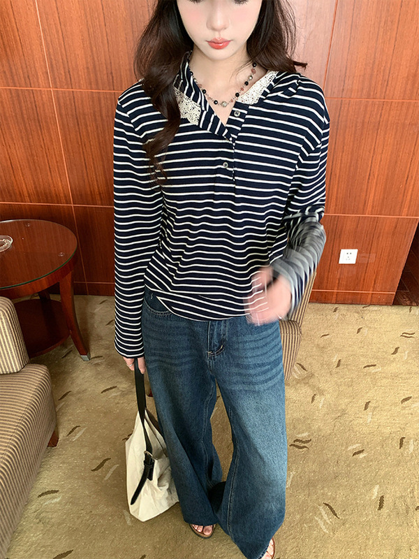 慵懒风条纹蕾丝拼接连帽长袖T恤女2025年早秋设计感纽扣宽松上衣|undefined