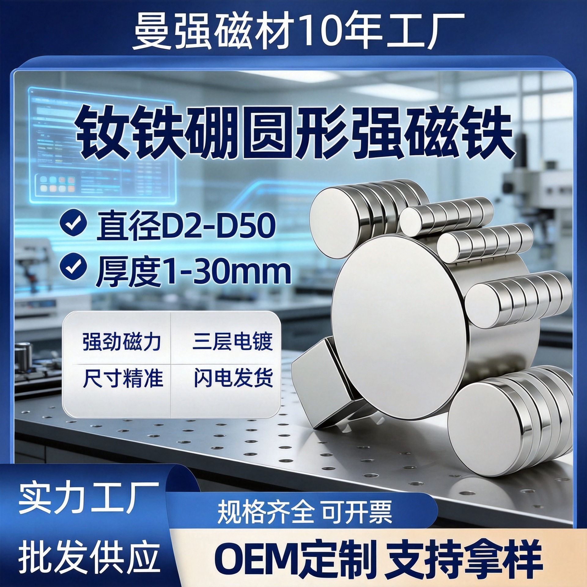 厂家直销钕铁硼强磁 圆形磁铁标准尺寸高强吸力圆磁吸铁石批发