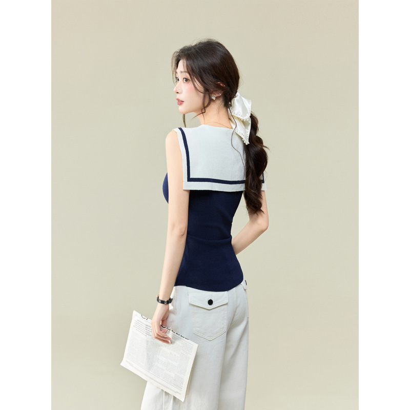 Navy Collar College Style Outfit with Shawl, Knitted Vest, Base Layer, Sleeveless Top for Women, Stylish Design for Spring and Summer