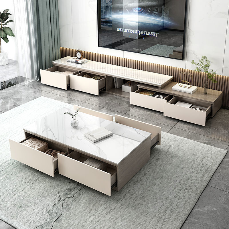 现代简约电视柜茶几套装配套客厅家具岩板大理石电视柜可伸缩