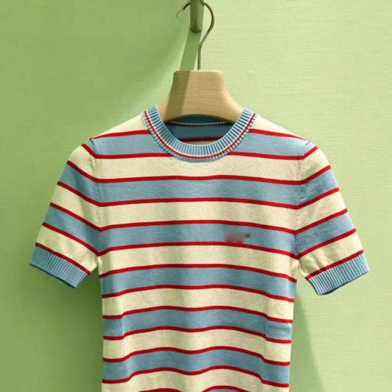 Shenzhen Nanyou Correct High Version P Home 25 Spring and Summer New Embroidered Color Matching Round Neck Short-Sleeved Knitted T-Shirt Top