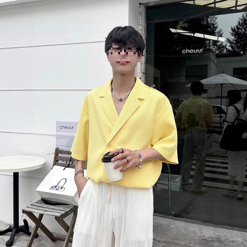 Summer Klein Blue Design Short-Sleeved Shirt Men's Loose Waffle Check Cuban Collar Suit Shirt Trendy Style