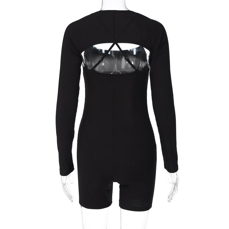 Women Clothing Autumn Sexy U Collar Shawl Tight Jumpsuit