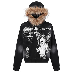 European and American High Street Printed Fur Collar Hooded Sweatshirt for Men and Women, Cross-Border Harajuku Dark Design Jacket