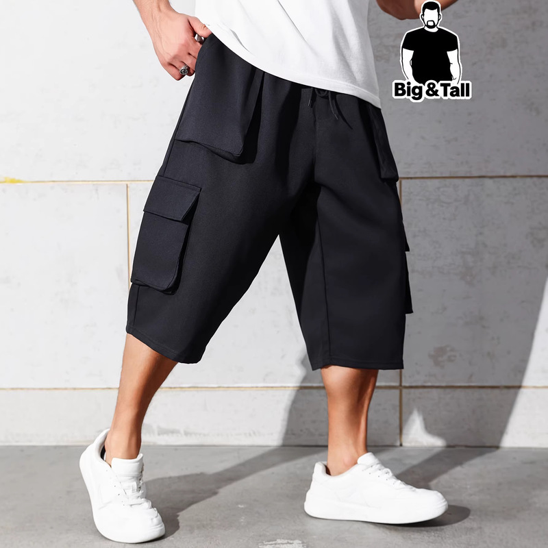 Men's Plus-Size Casual Workwear Capri Pants, Loose Fit, Knee-Length, Multiple Pockets, Drawstring Waist